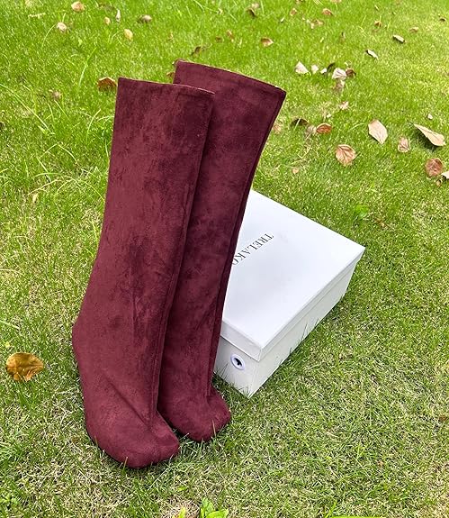 Women's Knee High Boots Nude Suede Wide Calf Stiletto Long Booties Square Toe Pull On High Heel Riding Boots for Women Ladies Fahion Dress Tall Boots