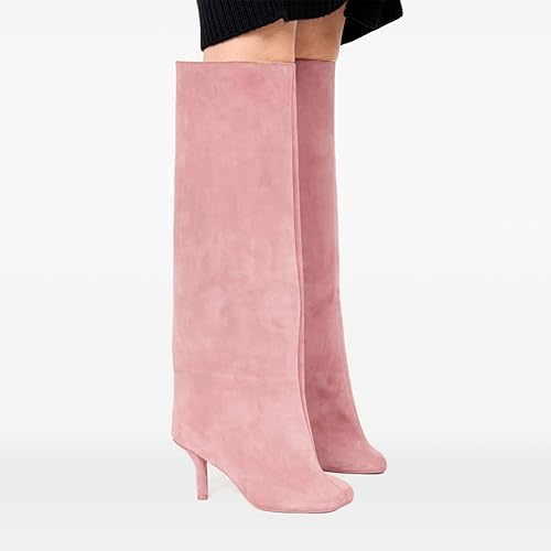 Women's Knee High Boots Nude Suede Wide Calf Stiletto Long Booties Square Toe Pull On High Heel Riding Boots for Women Ladies Fahion Dress Tall Boots